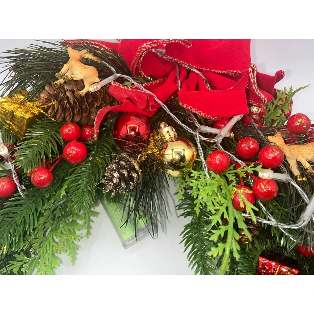Lighted Mantel Christmas Fake Pine Tree Swag Pinecones Berries Ornaments Deer